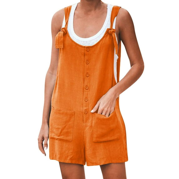 hopeusnice Women's Casual Beach Solid Color Lounge Shorts Workout Vacation Sleeveless Cotton Linen Romper Overalls Jumpsuits Pockets Pants Fashion Summer Orange XL