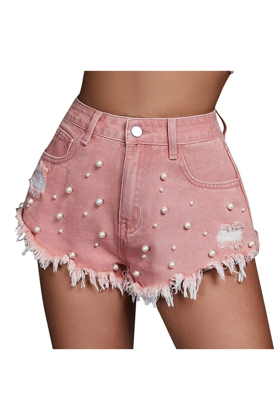 Women's Casual Beach ripped patches Fashion Summer elastic high waist sweat shorts denim Pants workout vacation jeans shorts lounge shorts Pink XXL