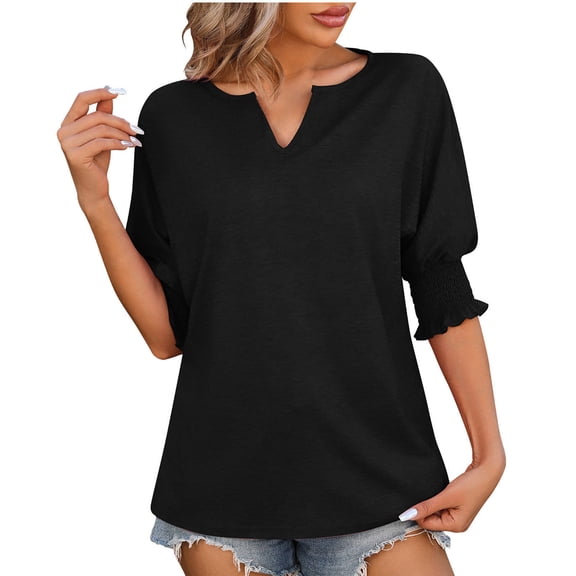 hopeusnice Women's Casual Loose Trendy Teen Girl Clothes Ruffle Short Sleeve Fashion Solid Color Tunic V Neck T-Shirts Plus Size Summer Tops Elegant Business Workwear Shirts for Woman