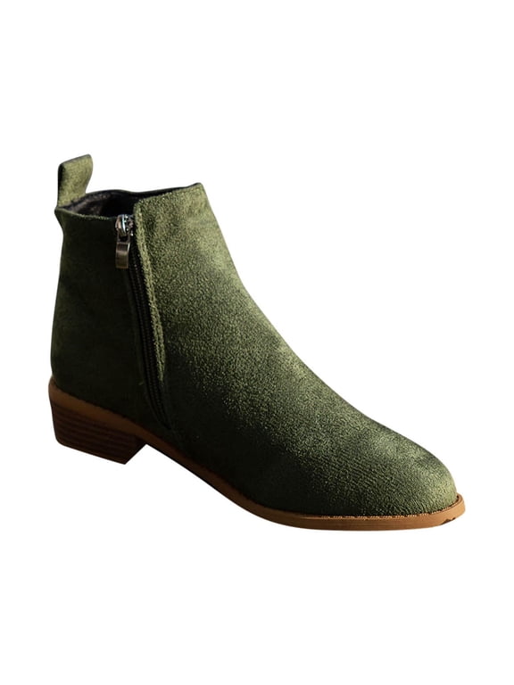 Women's Chelsea Boots Suede Ankle Boots Pull on Low Heel Booties Comfortable Block Heel Round Toe Suede Shoes Army Green 36
