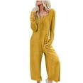 thumbnail image 1 of hopeusnice Women's Cotton Linen Romper Overalls Wide Leg Pants Casual Beach Long Sleeve Solid Color Jumpsuits Pants Fashion Summer Workout Vacation Buttons Pockets Yellow XL, 1 of 8