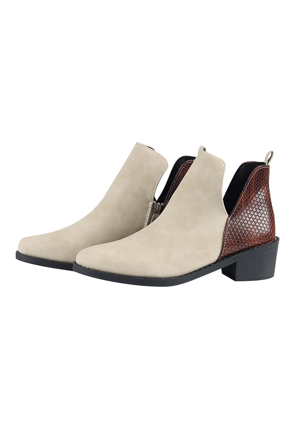 Women's Cut Out Ankle Boots Color Block Side Zipper Block Heel Slip On Booties Comfortable Faux Suede Mid Calf Boots Brown 36
