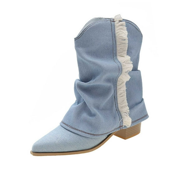 hopeusnice Women's Denim Boots Fringe Cowboy Boots Pointed Toe Low Heel Boots Fashion Comfortable Fall Winter Boots Blue 36
