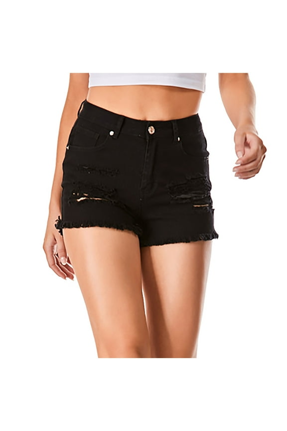 Women's Fashion Summer ripped patches workout vacation Pants pockets mid waist sweat shorts Casual Beach jeans shorts lounge shorts Black XL