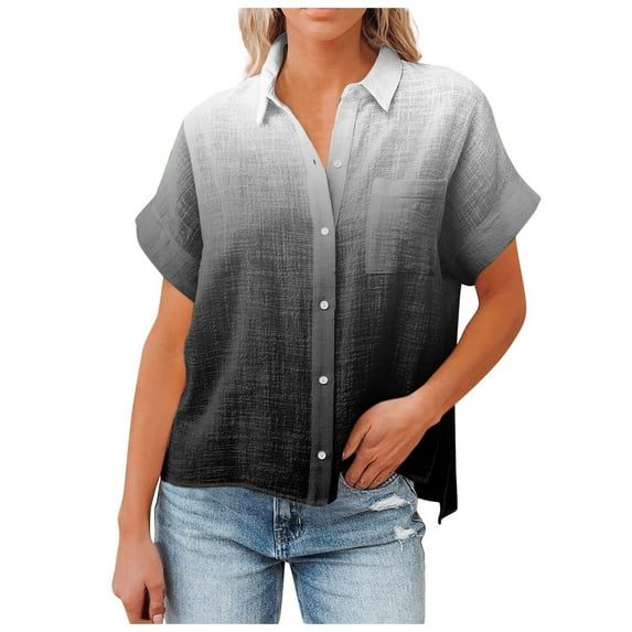 hopeusnice Women's Fashion White Black Gradient Color Tunic Cotton and Linen Blouse with Bust Pocket Summer Tops Short Sleeve Side Splited Shirts Button Down Collared Neck T-Shirts Casual Loose