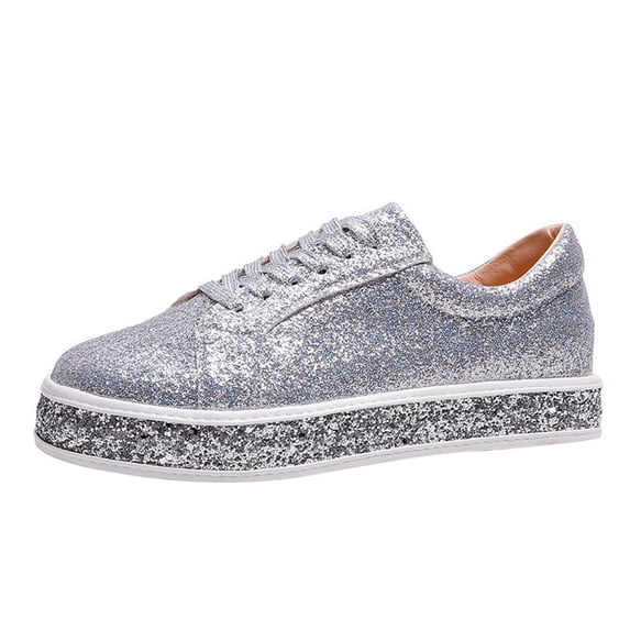 hopeusnice Women's Glitter Tennis Sneakers Neon Dressy Sparkly Sneakers Rhinestone Bling Wedding Bridal Shoes Shiny Sequin Shoes Silver 37
