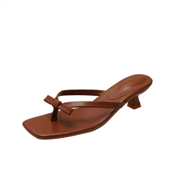 hopeusnice Women's High Heels Shoes Non-slip Breathable Tapered heel Trendy Soft PU Materials Summer Shoes Thong Sandals Square Toe Dress Shoes Brown 37