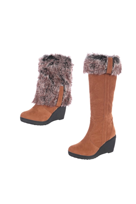 Women's Over the Knee Boots Faux Leather Pointed Toe High Heel Thick Fleece Lining Winter Warm Knee High Boots Slip-on Wedge Heels Brown 41