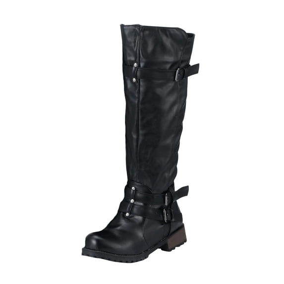hopeusnice Women's Knee High Boots Buckle Straps Faux Leather Chunky Heel Over The Knee Boots Winter Fall Fashion Shoes Black 43