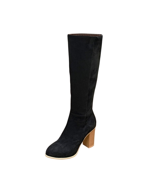 Women's Knee High Boots Fashion Suede Block Heel Round Toe Over The Knee Boots Chunky Heel Fall Winter Boots Black 42