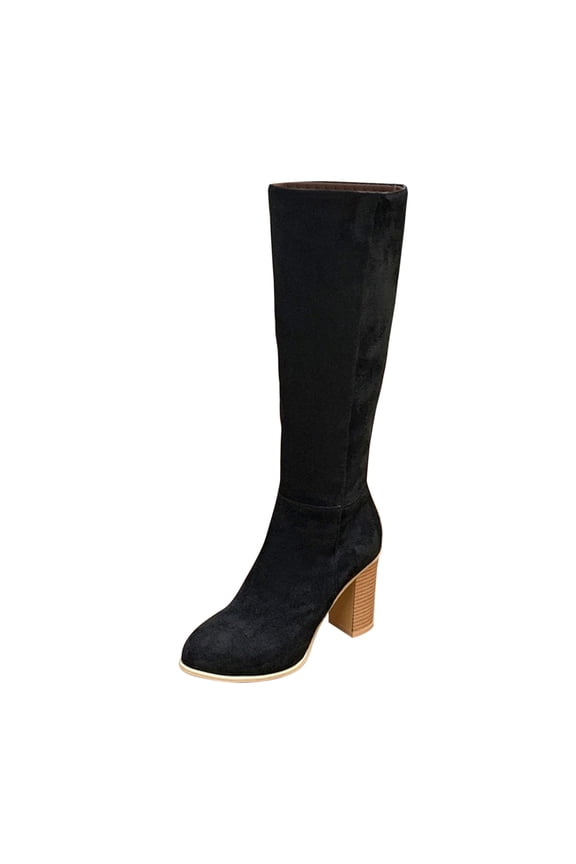 Women's Knee High Boots Fashion Suede Block Heel Round Toe Over The Knee Boots Chunky Heel Fall Winter Boots Black 42