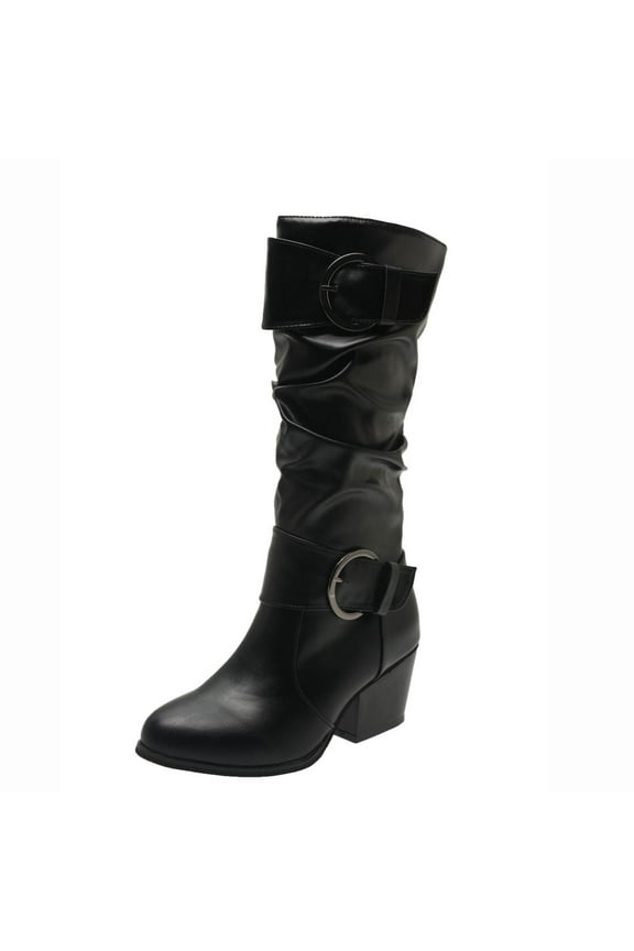 Women's Knee High Boots Faux Leather Buckle Slouchy Flat Boots Side Zipper Fashion Comfortable Fall Winter Shoes Black 39