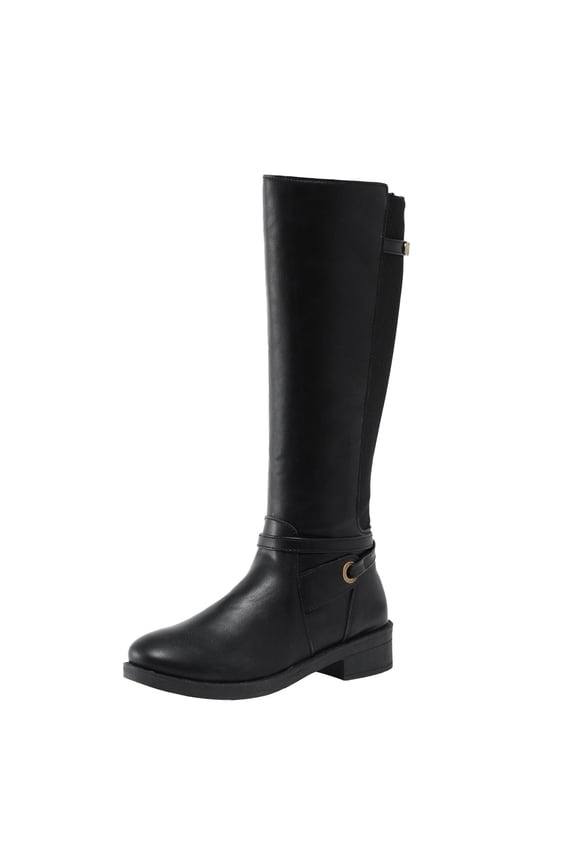 Women's Knee High Boots Faux Leather Round Toe Back Zipper Pull On Booties Elastic Low Heel Block Heel Fall Winter Shoes Black 36