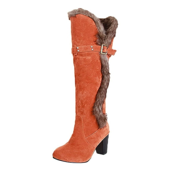 hopeusnice Women's Knee High Boots Fuzzy Fleece Lined Buckle Winter Warm Suede Boots Chunky Heel Comfortable Stylish Outdoor Snow Boots Orange 37