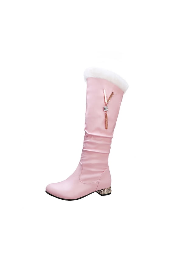 Women's Knee High Boots Fuzzy Fleece Lined Winter Warm Boots Comfortable Fashion Boots Low Heel Buckle Zipper Boots Pink 38