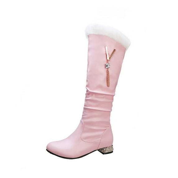 hopeusnice Women's Knee High Boots Fuzzy Fleece Lined Winter Warm Boots Comfortable Fashion Boots Low Heel Buckle Zipper Boots Pink 40