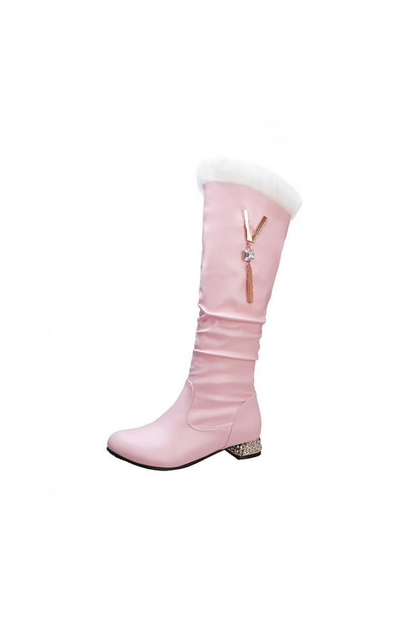 Women's Knee High Boots Fuzzy Fleece Lined Winter Warm Boots Comfortable Fashion Boots Low Heel Buckle Zipper Boots Pink 40