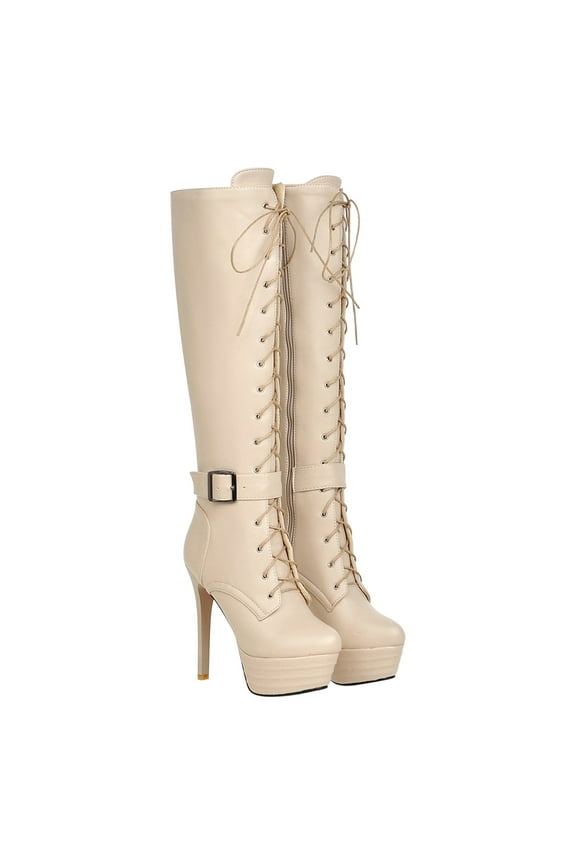 Women's Knee High Boots Lace Up Buckle Stilettos Heel Chunky Heel Boots Fashion Party Evening Wedding Boots Beige 36