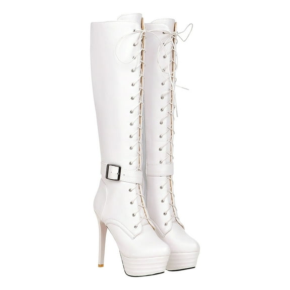 hopeusnice Women's Knee High Boots Lace Up Buckle Stilettos Heel Chunky Heel Boots Fashion Party Evening Wedding Boots White 43
