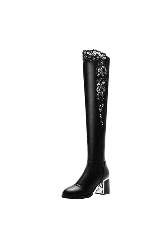 Women's Knee High Boots Lace Up Chunky Heel Over The Knee Boots Faux Leather Winter Warm Boots Elegant Party Evening Dress Boots Black 35