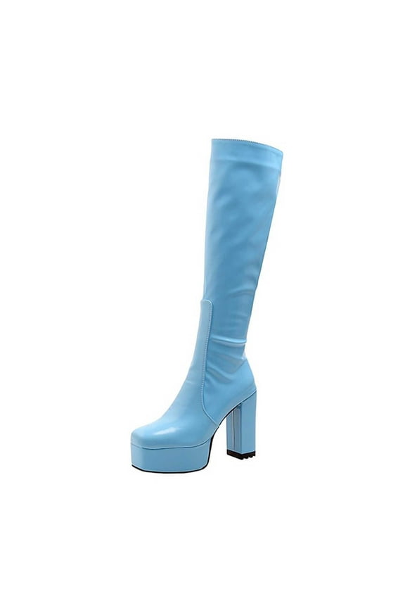 Women's Knee High Boots Chunky Heel Zipper Over The Knee Boots Patent Leather Block Heel Pointed Toe Stretch Boots Blue 40