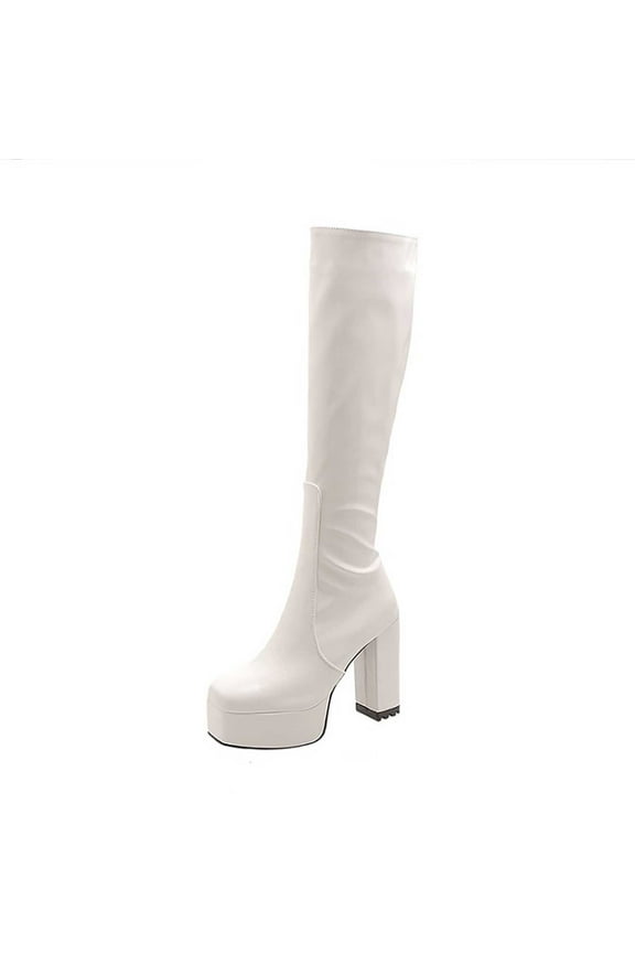 Women's Knee High Boots Chunky Heel Zipper Over The Knee Boots Patent Leather Block Heel Pointed Toe Stretch Boots White 38
