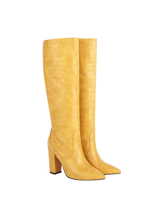 Women's Knee High Boots Pointed Toe Block Heel Over The Knee Boots Faux Leather Chunky Heel Dress Boots Elegant Fall Winter Shoes Yellow 45