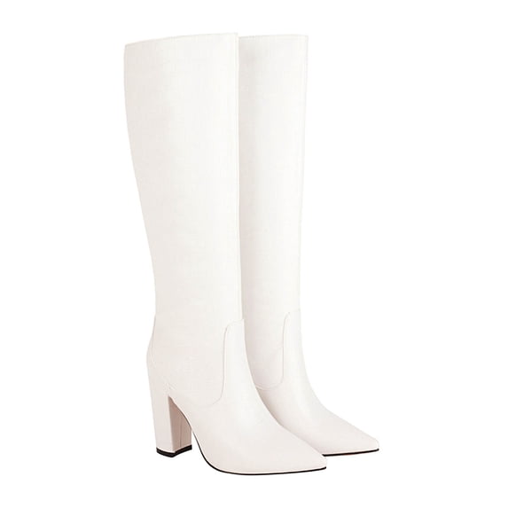 hopeusnice Women's Knee High Boots Pointed Toe Block Heel Over The Knee Boots Faux Leather Chunky Heel Dress Boots Elegant Fall Winter Shoes White 36