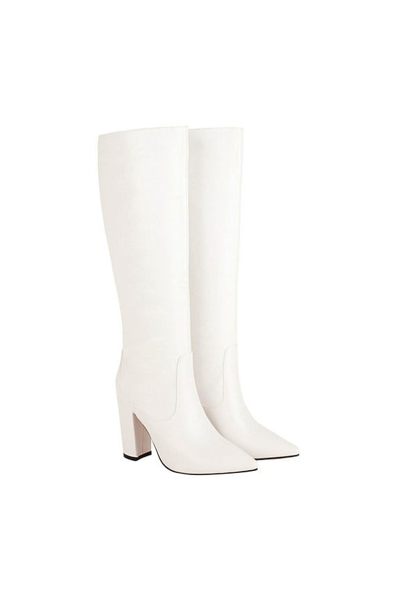 Women's Knee High Boots Pointed Toe Chunky Heel Leather Boots Fall Winter Warm Comfortable Fashion Boots White 38