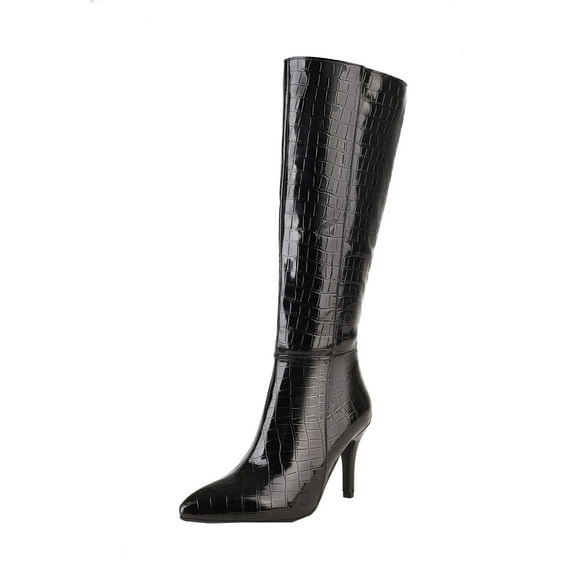 hopeusnice Women's Knee High Boots Stilettos Heel Pointed Toe Dress Boots Faux Leather Over The Knee Boots Black 35