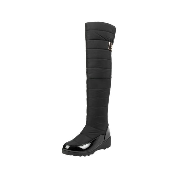 hopeusnice Women's Knee High Boots Winter Warm Snow Boots Padded Quilted Waterproof Boots Buckle Decor Comfortable Shoes Black 40