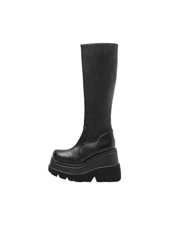 Women's Knee High Wedge Boots Chunky Heel Faux Leather Zipper Pull on Stylish Comfortable Winter Booties Black 36