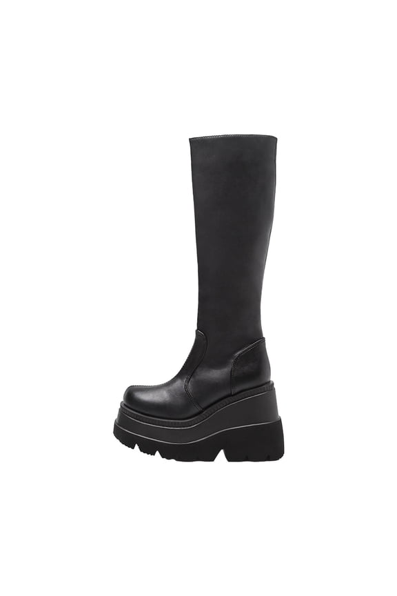 Women's Knee High Wedge Boots Chunky Heel Faux Leather Zipper Pull on Stylish Comfortable Winter Booties Black 42