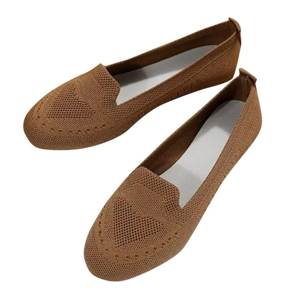 hopeusnice Women's Knitted Slip On Flats Comfortable Breathable Shoes Lightweight Loafers Casual Beach Sneakers Coffee 39