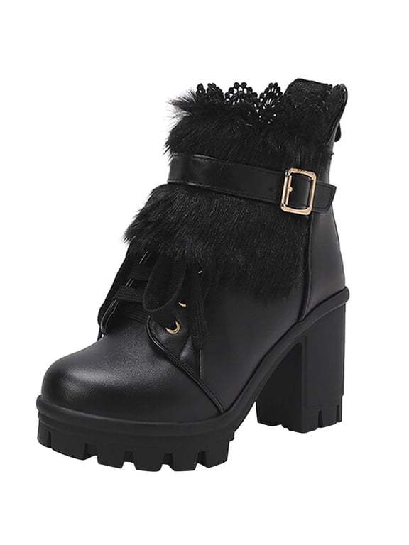 Women's Lace Leather Chunky Ankle Booties Boots Non-Slip Lace Up High Heel Short Boots for Bride Wedding Black 38