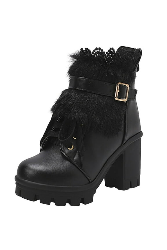 Women's Lace Leather Chunky Ankle Booties Platform Boots Non-Slip Lace Up High Heel Short Boots for Bride Wedding Black 38