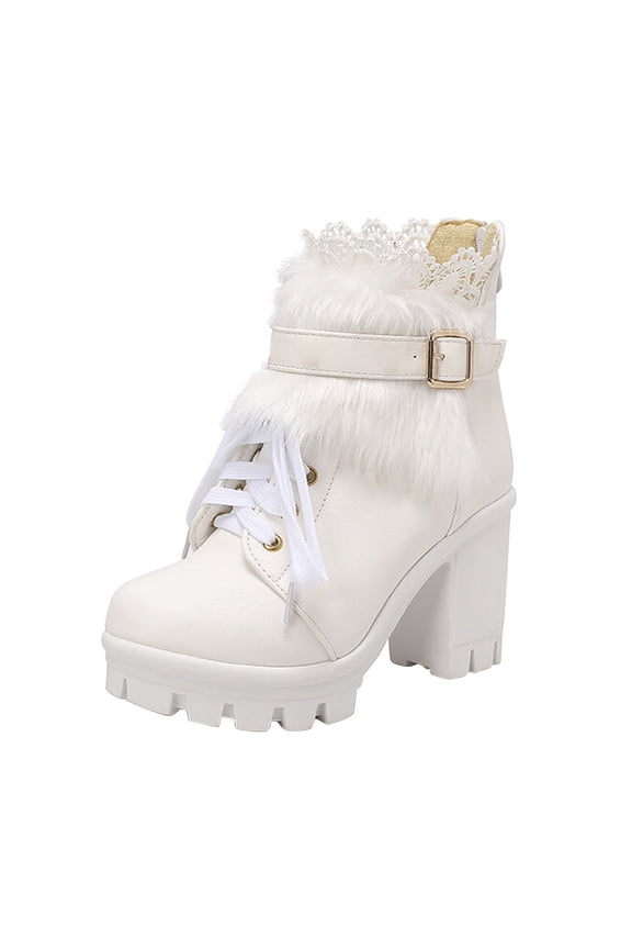 Women's Lace Leather Chunky Ankle Booties Boots Non-Slip Lace Up High Heel Short Boots for Bride Wedding White 35