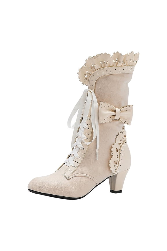 Women's Lace Up Ankle Boots Bowknot Ruffles Buckle Block Heel Boots Suede Comfortable Fashionable Fall Winter Shoes Beige 40
