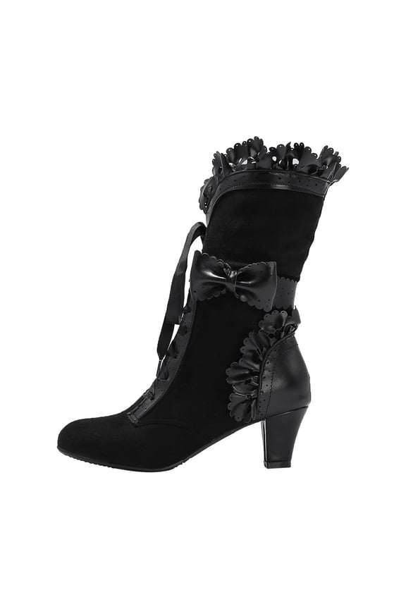 Women's Lace Up Ankle Boots Bowknot Ruffles Buckle Block Heel Boots Suede Comfortable Fashionable Fall Winter Shoes Black 36
