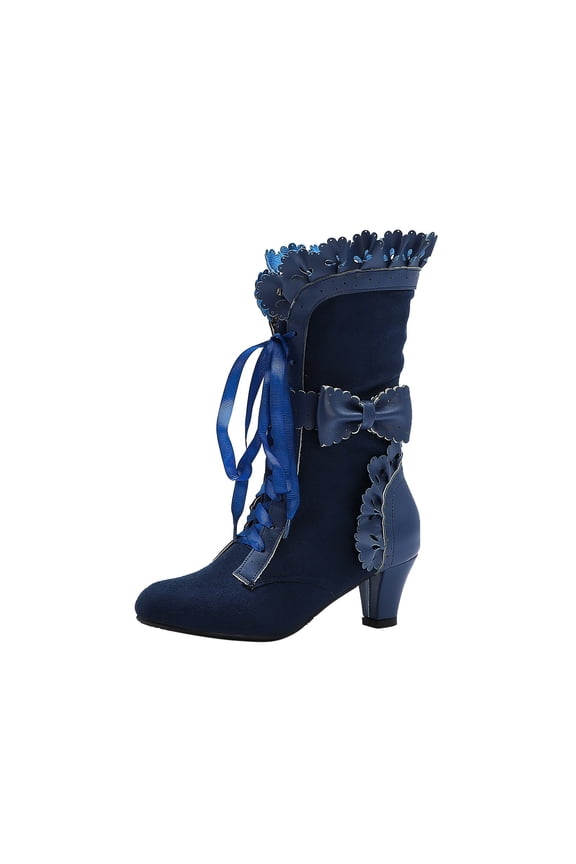Women's Lace Up Ankle Boots Bowknot Ruffles Buckle Block Heel Boots Suede Comfortable Fashionable Fall Winter Shoes Blue 42