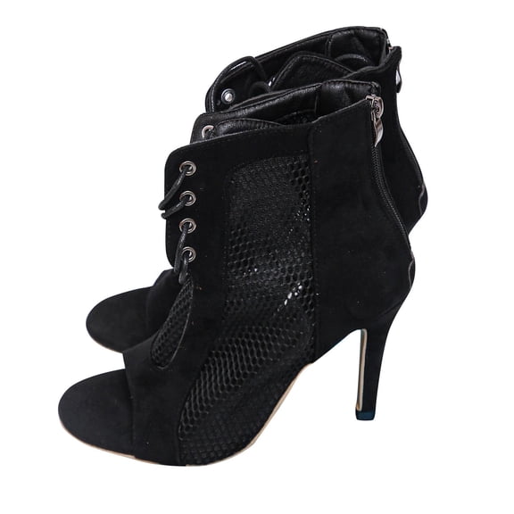 hopeusnice Women's Lace Up Mesh Peep Toe Stilettos Heel Ankle Boots Elegant Suede Open Toe High Heel Zipper Party Shoes Black 36