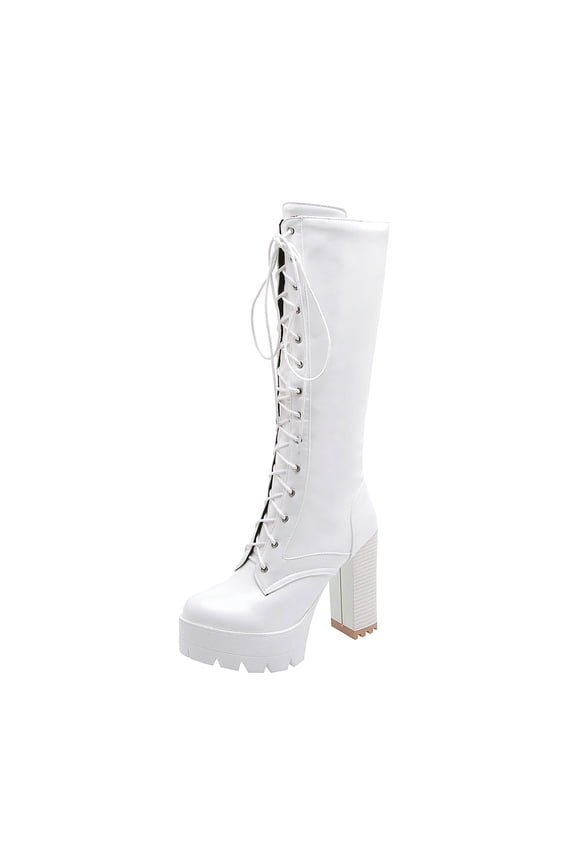 Women's Lace Up Boots Chunky Heel Knee High Boots Faux Leather Buckle Boots Fall Winter Warm Comfortable Shoes White 43
