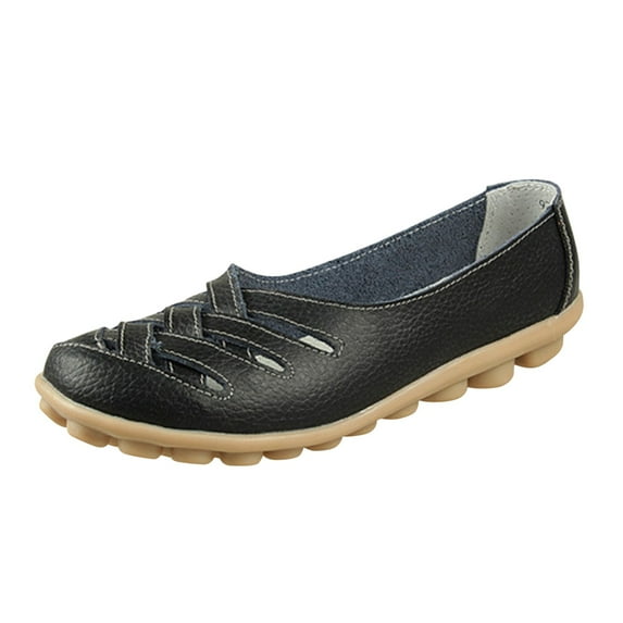 hopeusnice Women's Leather Loafers Flats Comfortable Breathable Slip on Shoes Summer Walking Shoes Soft Sole Low Heel Breathable Shoes Black 42