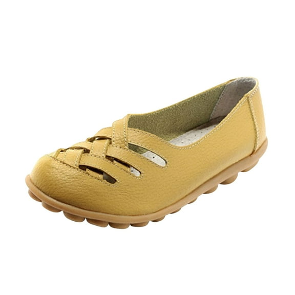hopeusnice Women's Leather Loafers Flats Comfortable Breathable Slip on Shoes Summer Walking Shoes Soft Sole Low Heel Breathable Shoes Yellow 35