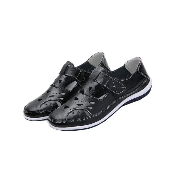 hopeusnice Women's Leather Sandals Summer Breathable Comfortable Cut Out Shoes Open Toe Flat Low Heel Slip On Walking Shoes for Outdoor Wear Black 37
