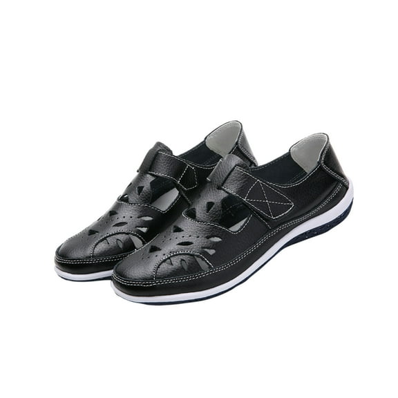 hopeusnice Women's Leather Sandals Summer Breathable Comfortable Cut Out Shoes Open Toe Flat Low Heel Slip On Walking Shoes for Outdoor Wear Black 39