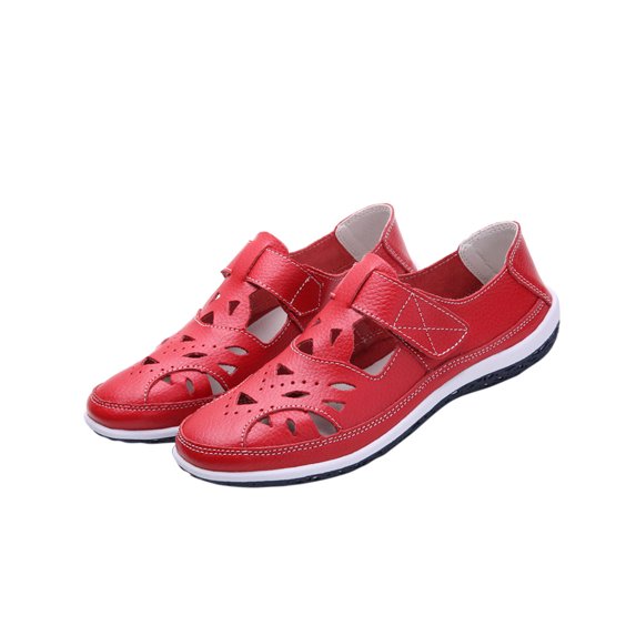hopeusnice Women's Leather Sandals Summer Breathable Comfortable Cut Out Shoes Open Toe Flat Low Heel Slip On Walking Shoes for Outdoor Wear Red 36