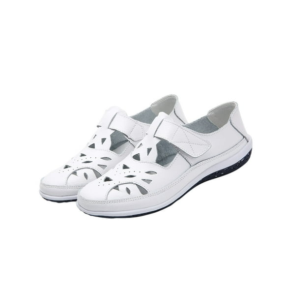 hopeusnice Women's Leather Sandals Summer Breathable Comfortable Cut Out Shoes Open Toe Flat Low Heel Slip On Walking Shoes for Outdoor Wear White 39