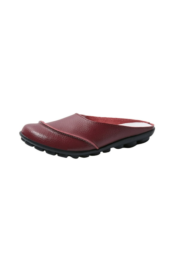 Women's Leather Slip On Shoes Comfortable Slippers Casual Sandals Breathable Flat Shoes Outdoor Walking Flats Wine 39