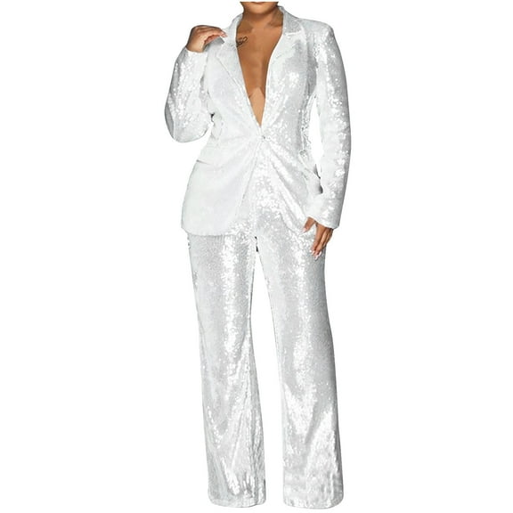 hopeusnice Women's Long Sleeve Suit Sets Business Sets Casual Beach Loose Sequins Wide Leg Trousers V Neck Fashion Summer Pants White XXXL
